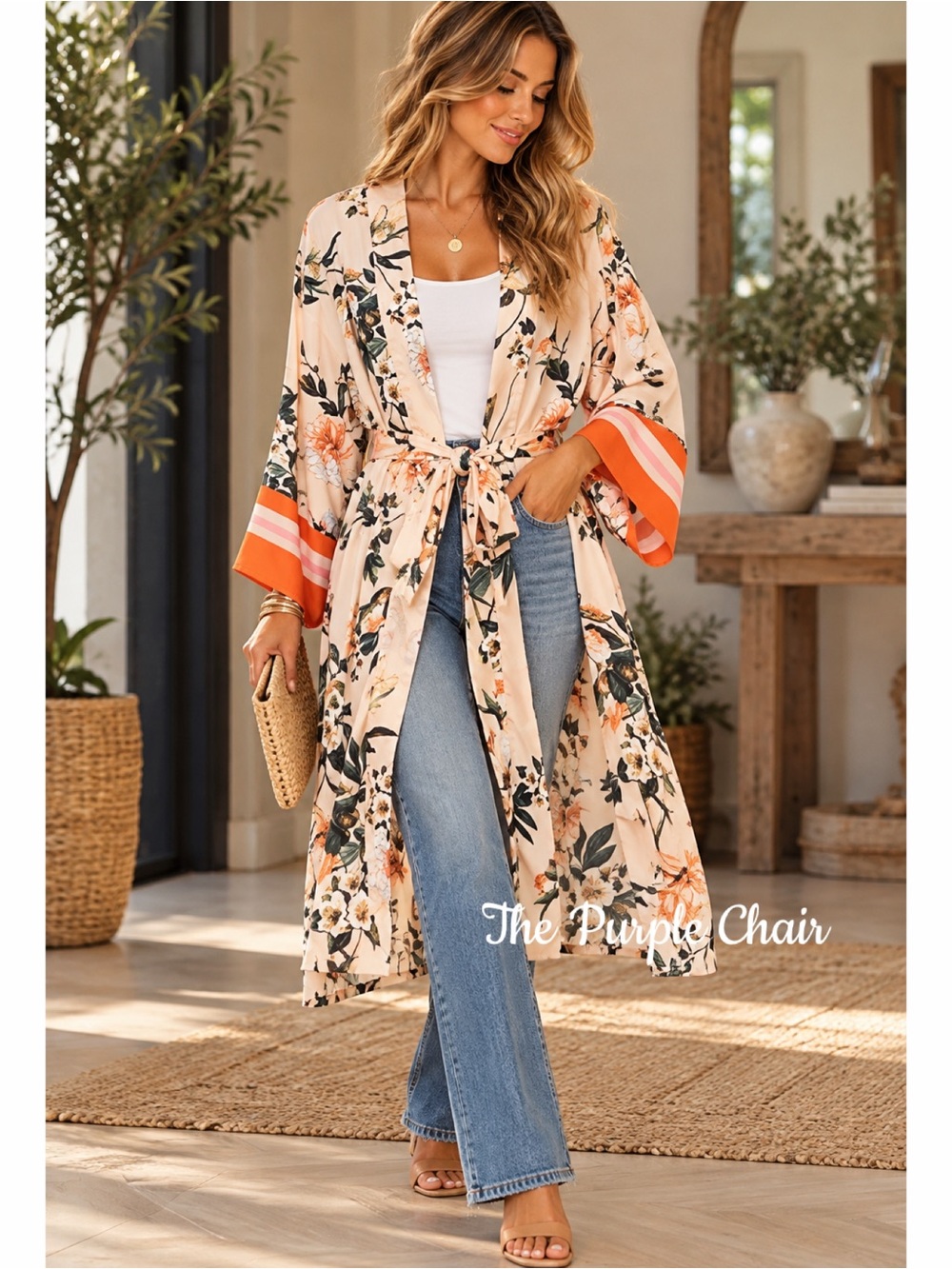 NEW YORK & CO NWT Peach Floral Kimono M